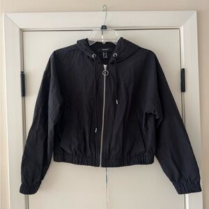 Forever 21 Black Hooded Cropped Jacket Women's S Full Zip Long Sleeve Activewear